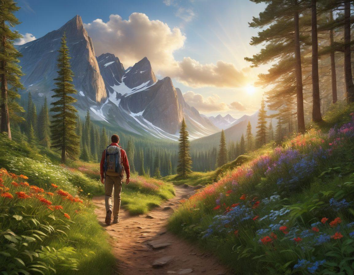A breathtaking landscape featuring a hiker strolling confidently through a lush green forest with rugged mountains in the background. Vibrant wildflowers add splashes of color, while the hiker's backpack symbolizes adventure and preparedness. The sun beams down, creating a warm and inviting atmosphere. Include subtle icons of insurance like shields or checkmarks integrated into the nature scene. ultra-realistic. vibrant colors. 3D.