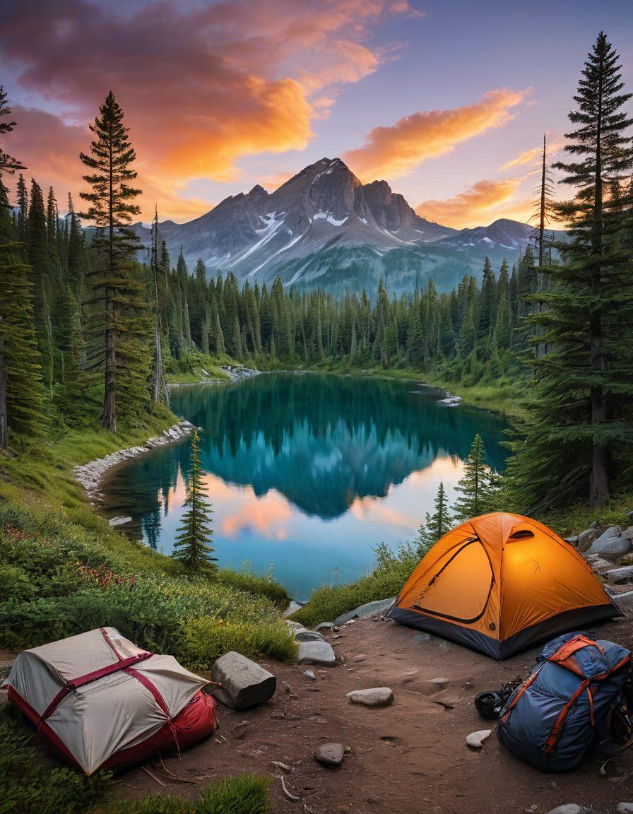 A serene camping scene showcasing a colorful tent pitched by a tranquil lake surrounded by lush pine trees, with a winding trail leading into the forest. The foreground includes camping gear like backpacks, a lantern, and a small campfire, while in the background, mountain peaks rise under a vibrant sunset sky. A hiker with a walking stick is seen embarking on the trail, symbolizing adventure and exploration. super-realistic. vibrant colors. warm tones.